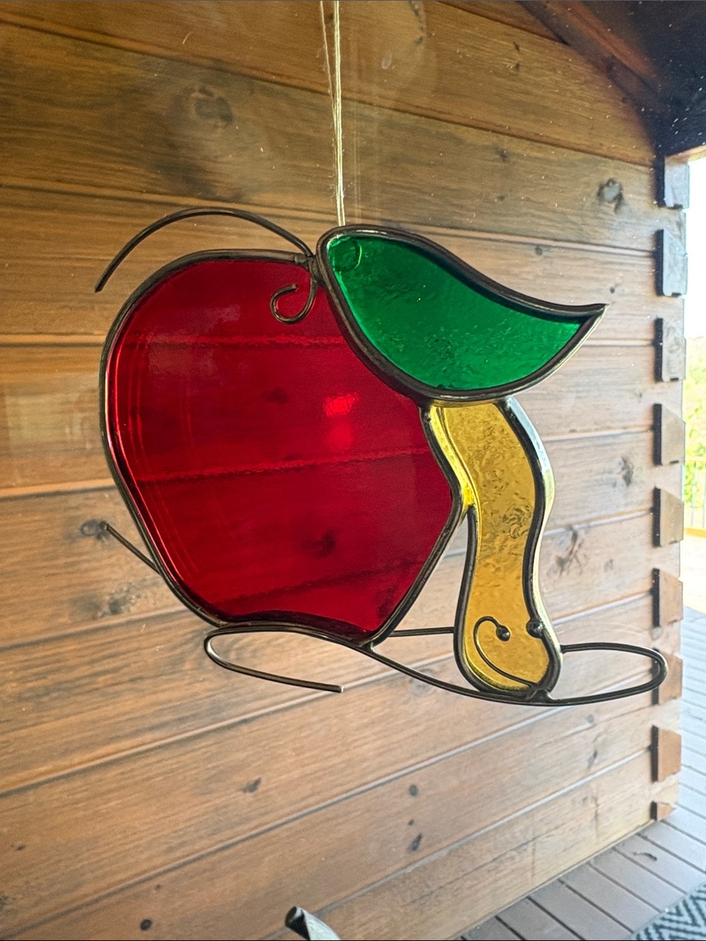 Vintage Apple and Worm Stained Glass Suncatcher